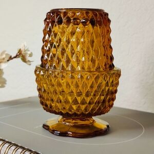 Vintage Amber Glass Fairy Lamp - Diamond Point Pattern Votive Holder MCM Decor